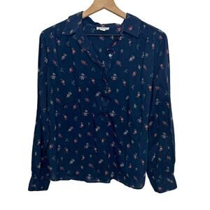 SUNDANCE Women's Large Floral Poppy Bloom Bounce Cotton Popover Button Top Navy